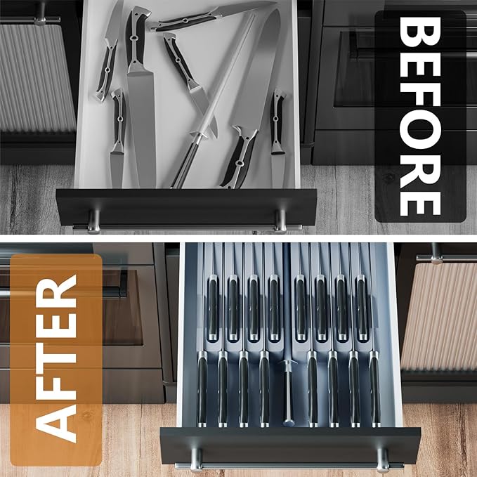 Domax Bamboo In-drawer Knife Block - Knife Drawer Organizer Insert Large Handle Steak Knife Holder, Kitchen Drawer Knife Organizer Fits for 16 knives and 1 Sharpening Steel (Not Included), Gray