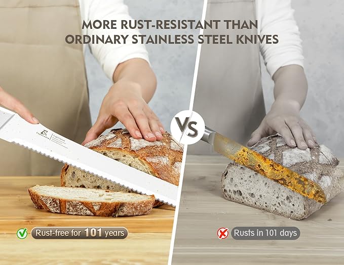 Resharpenable Bread Knife for Homemade Bread, 11.6-Inch Multifunction Serrated Knife with 5 Thickness Adjustable Slicing Guide, Stainless Steel Bread Cutter, Razor Sharp for Sourdough, White