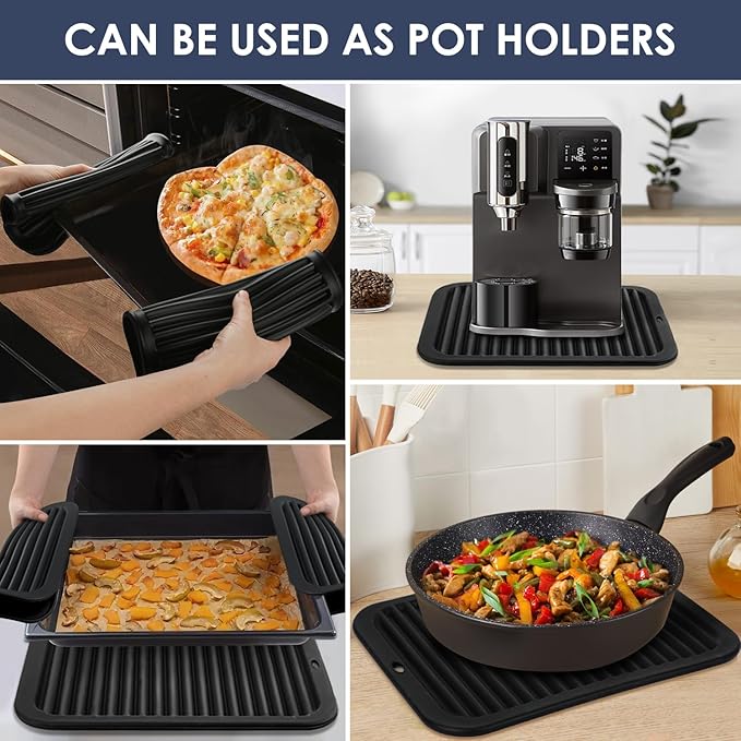 Black Silicone Trivet 16'' X 12'' Silicone Hot Pads for Kitchen Nonslip and Heat Resistant Hot Pads Trivets for Kitchen Quartz Countertops (Black)