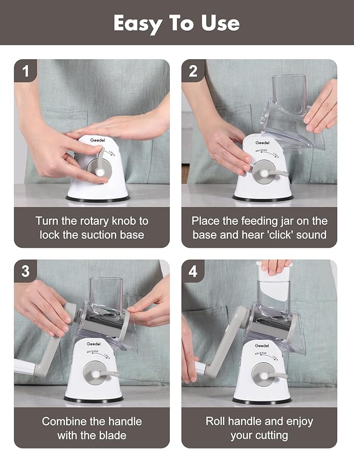 Geedel Rotary Cheese Grater Cheese Shredder with 5 Interchangeable Blades - Upgraded Rotary Grater Featuring Strong Suction Base for Cheese Shredding, Wavy Slicing, Nut Grinding, and Ice Shaving
