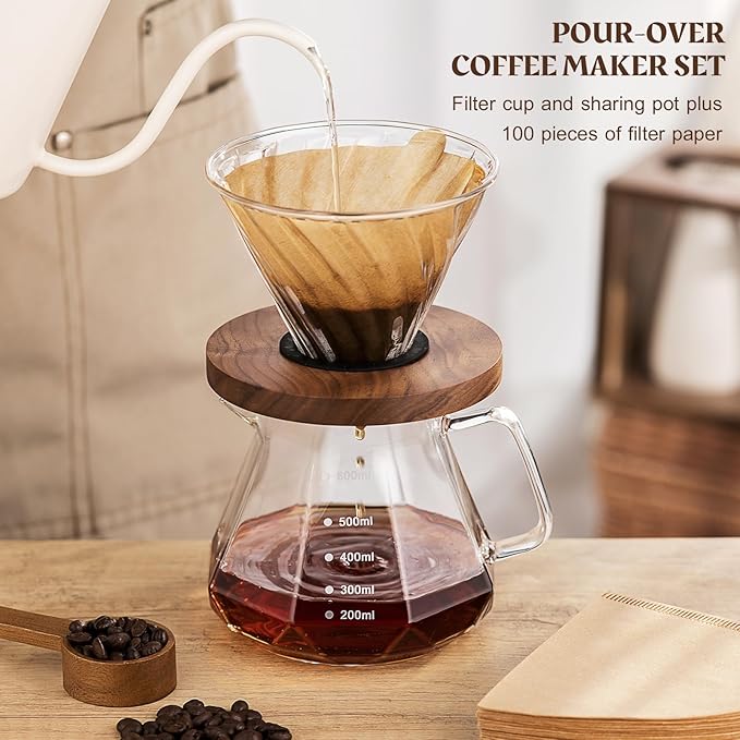 Pour Over Coffee Maker Set – V60 Drip Coffee Pot with Walnut Handle, Glass Coffee Dripper & 100 Filters, 20oz/600ml Capacity