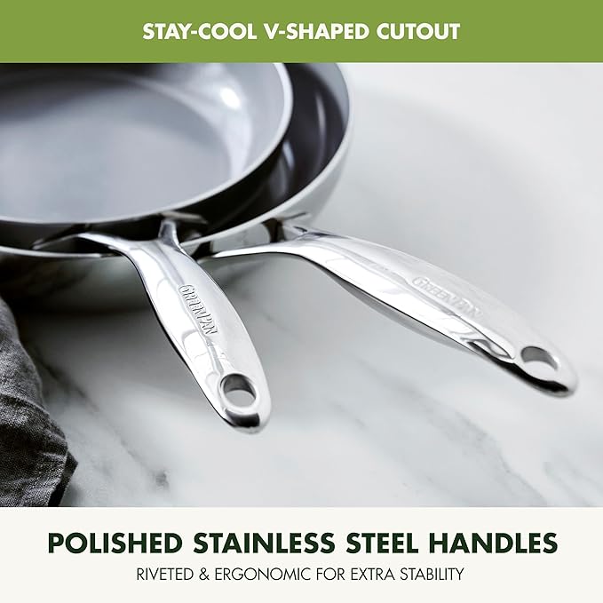 GreenPan Valencia Pro Tri-Ply Stainless Steel 8” 10” & 12” Frying Pan Skillet Set, Ceramic Nonstick PFAS-Free Coating, Multi Clad Cookware, Induction, Dishwasher Oven and Broiler Safe