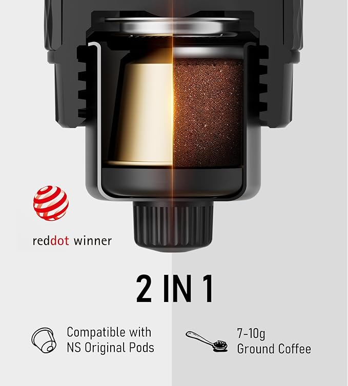 STARESSO Classic Portable Espresso Maker, 2 IN 1 Travel Coffee Maker Compatible Ground Coffee & NS Original Pods, Espresso Machine with Stainless Steel Chamber for Travel Camping, Manually Operated