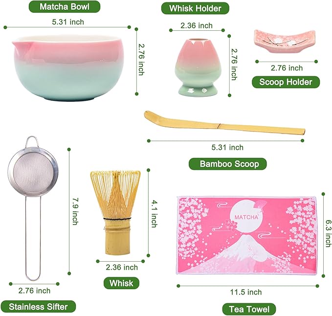 Matcha Whisk Bowl Set, 7PCS All-in-One Japanese Tea Set Includes Matcha Bowl with Spout, Bamboo Whisk (Chasen) with Stand, Scoop, Sifter, Complete Kit for Ceremony, Gift for Matcha Tea Lovers