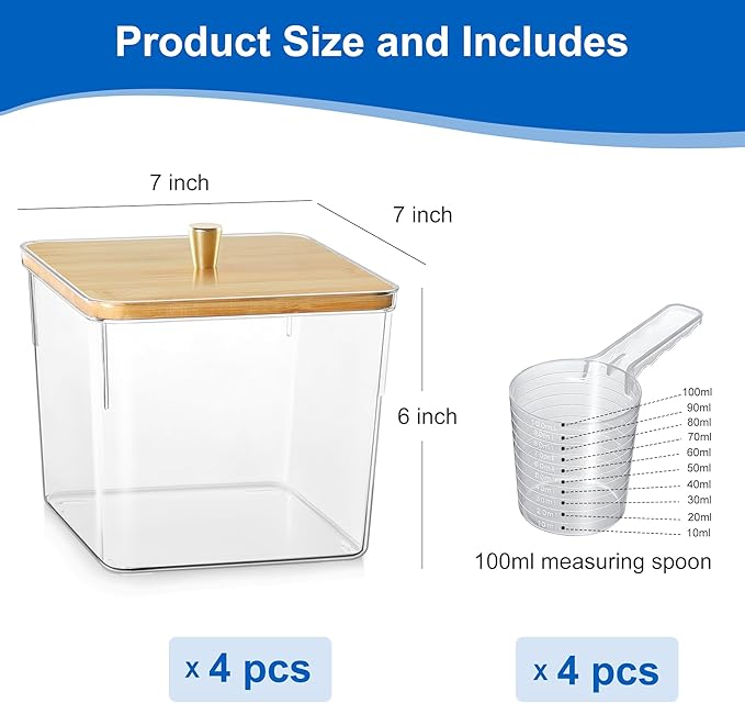 Hudgan 4 Pack Acrylic Storage Containers with Measuring Scoops for Kitchen, Laundry, Pantry, Clear Sturdy Plastic with Gold Handle Perfect for Dried Goods, Snacks, Detergent