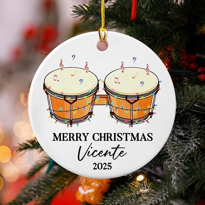 Awesome Bongo Drum Ceramic Ornament Gift for Women Men Dad Mom Brother Sister, Customized Text Year Name Instrument Player Christmas Ornament 2025, Personalized Bongo Drum Ceramic Christmas Ornaments