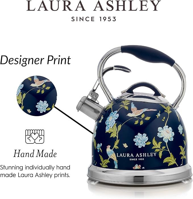 VQ Laura Ashley Elveden Navy 2.5L Stainless Steel Tea Kettle Stovetop Whistling Teapot for Induction, Gas Hob or others. Silicon Coated Cool Handle & Push Button Mechanism Vintage Stove Top Kettle