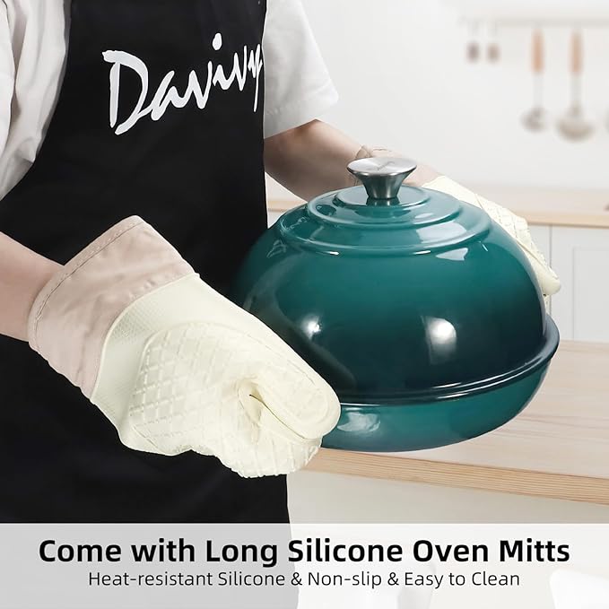 Davivy 5.5QT Cast Iron Sourdough Bread Pan with Silicone Oven Mitts, Enameled Cast Iron Bread Cloche, 10" Round Sourdough Dutch Oven with Lid, Dutch Oven for Sourdough Bread - Gradient Teal
