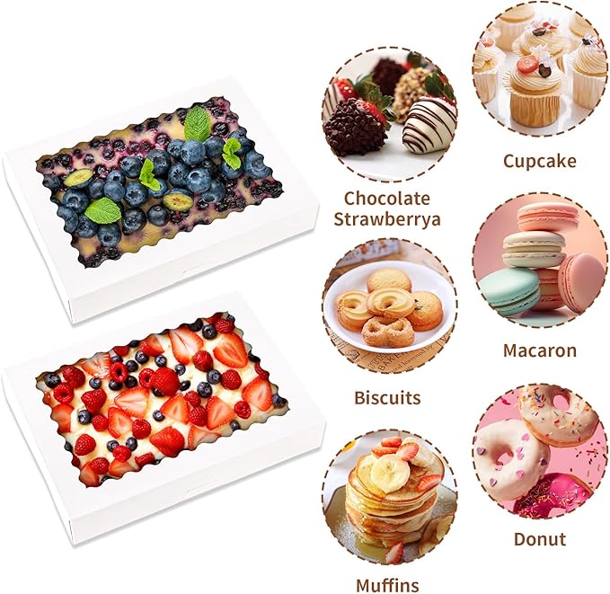 8 Pcs Cookie Boxes,14x10x2.5 Inch Large Bakery Boxes with Window for Pies Chocolate Strawberries Muffins Donuts Pastry Dessert Christmas(Brown) (White, 14 * 10 * 2.5inch/8pcs)