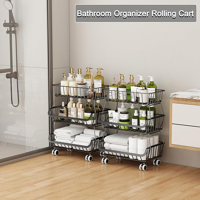 3-Tier Rolling Pantry Floor Organizer, Stackable Pantry Storage Cart with Wheels, Metal Wire Snack Organizers, Kitchen Fruit Basket Stand, Vegetable Storage Rack for Onion Potato Snacks, Black, 2 Pack