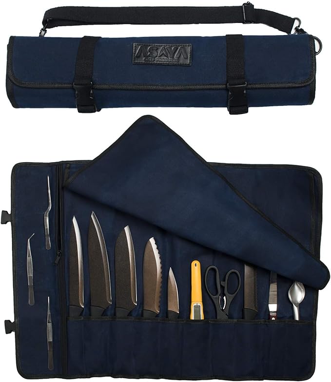 Asaya Canvas Chef Knife Roll Bag - 10 Knife Slots and a Large Zipper Pocket - Durable 10oz Canvas Knife Case with an Adjustable Shoulder Strap - Knives not Included