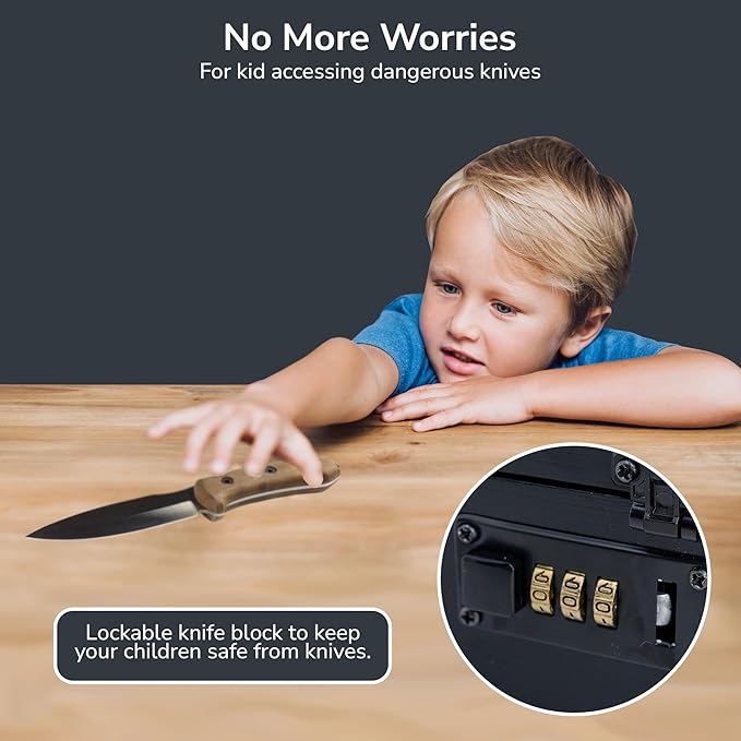 Upgraded Combination Lock Bamboo Locking Kitchen Knife Storage – Secure & Eco-Friendly Wooden Knife Box with Improved Quality, Fits in Drawers & Keeps Knives Safe (Black)