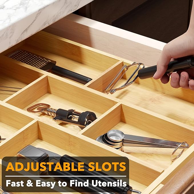 SpaceAid Bamboo Utensil Drawer Organizer with Labels, Kitchen Silverware Expandable Tray Holder Organizer for Flatware, Cutlery, Spoon and Knives Drawer Storage Organization (Natural)