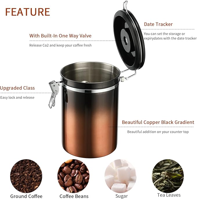 Coffee Canister, Airtight Coffee Container with Date Tracker Lid, Stainless Steel Canister for Kitchen Food Storage (Black-Copper, 16oz)