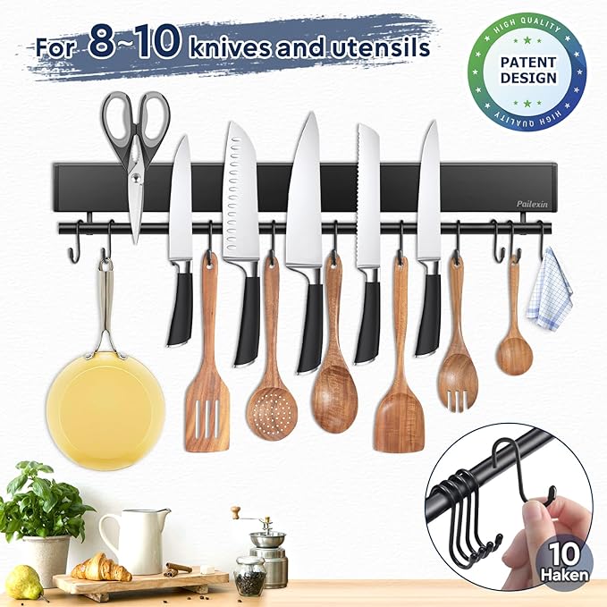 20 inch magnetic knife holder with 10 hooks, No Drilling black knife magnetic strip and utensil hanger for wall, Powerful knife magnet rack include tape and screws