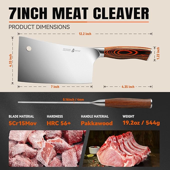 TUO Meat Cleaver, 7 inch Heavy Duty Bone Chopper, High Carbon German Stainless Steel Butcher Knife, Pakkawood Handle Kitchen Chopping Knife with Gift Box - Fiery Phoenix Series