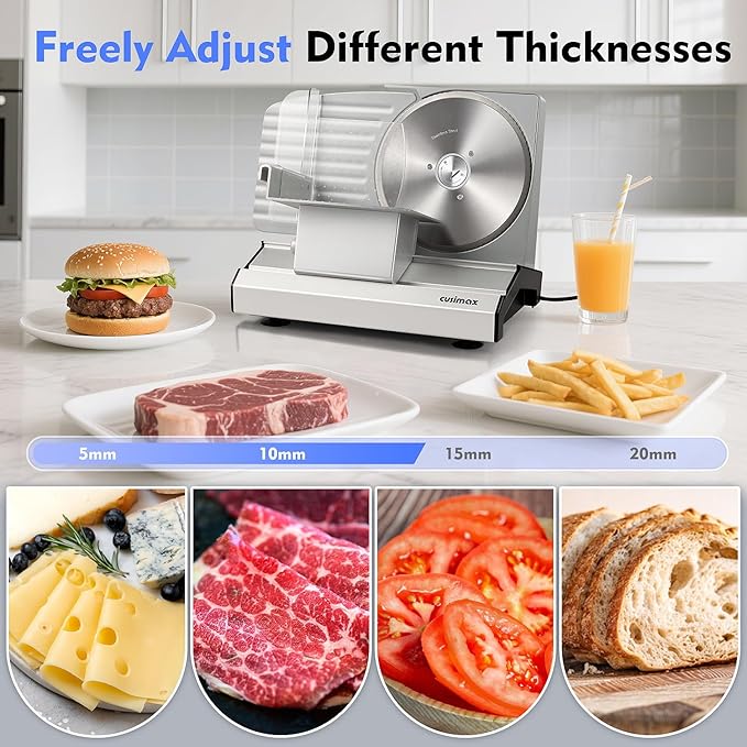 Cusimax Electric Meat Slicer for Home,200w Power Deli Slicer with Two 9" Stainless Steel Blades,Adjustable Thickness from 1-20 mm,Removable Food Tray for Easy Cleaning,Suitable for Home Use
