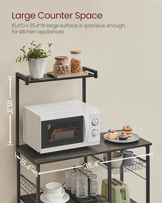 VASAGLE Baker's Rack, Microwave Stand, Kitchen Storage Rack with Wire Basket, 6 Hooks, and Shelves, for Spices, Pots, and Pans, Charcoal Gray and Ink Black UKKS035B04