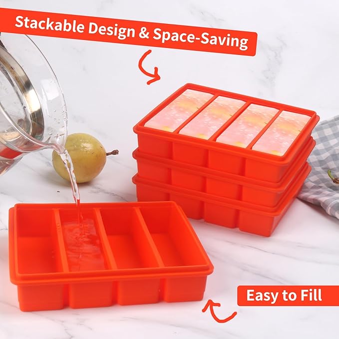 Large and Long Ice Cube Tray 4 Pack Silicone Freezing Container Sticks with Lid for Whiskey, Water Bottle, Food Leftovers and Baking (4 Pack Orange)
