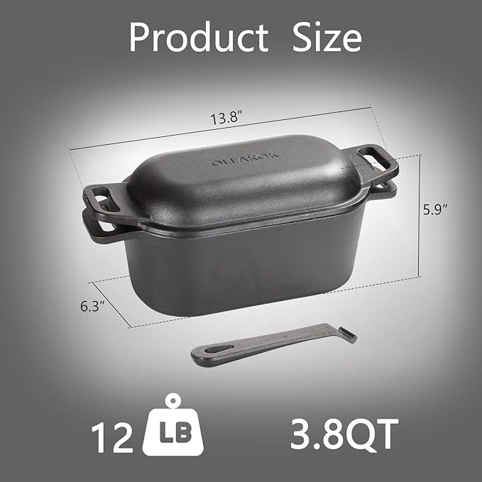 2-in-1 Pre-Seasoned Cast Iron Dutch Oven Pot with Lid as Skillet, Grill Pan, with Lid Lever, Dual Loop Handles, Oval Heavy Dutch Oven for Bread Baking, Frying, Camping, BBQ, 3.8 QT Black