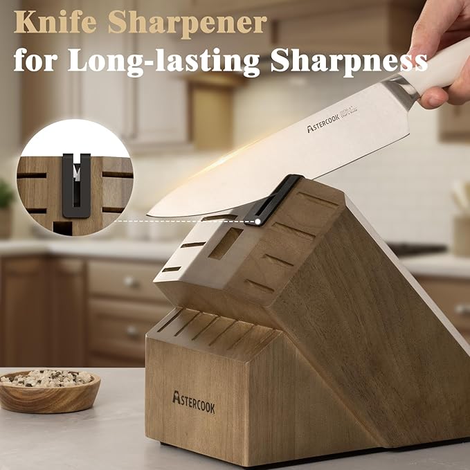 Astercook Knife Set Kitchen with Block and Sharpener Premium Full Tang 17 Pcs German Stainless Steel Knives Dishwasher Safe Kitchen Utensils Set with with and Anti-slip Ergonomic Handle, Cream White