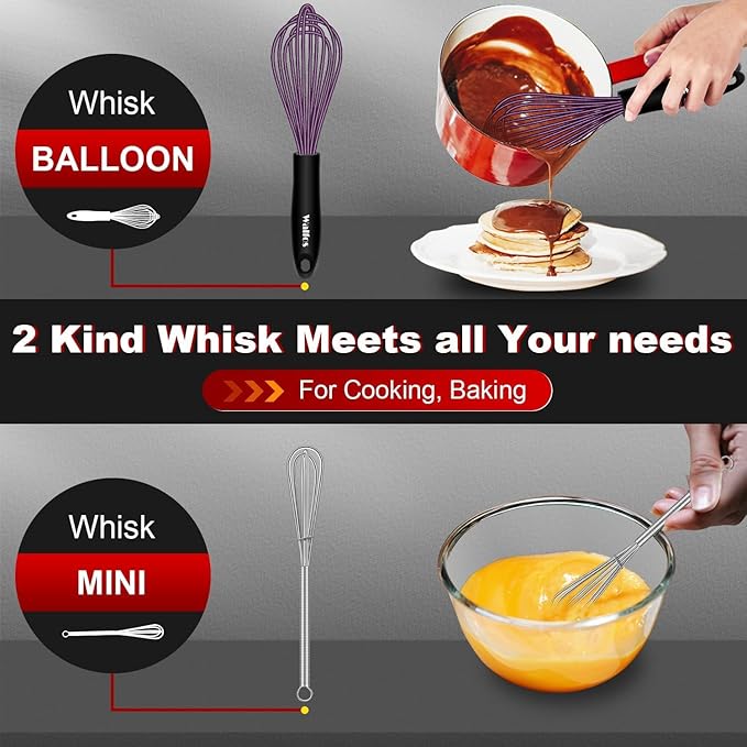 Walfos Whisks,Silicone Whisk Non Scratch,Whisks for Cooking,BPA free and Dishwasher Safe.Nice for Mixing and Beating.5pcs whisk set (5+7in mini whisk +7+9+11in balloon whisk)