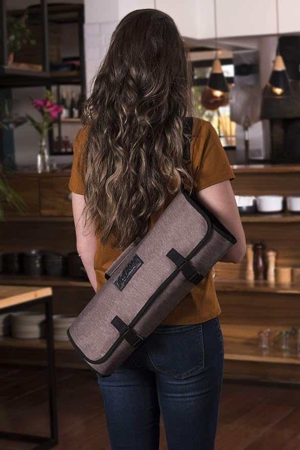 Asaya Chef Knife Roll Bag - 20 Total Pockets for Knives and Kitchen Utensils - Made with Stain Resistant Waxed Nylon - For Chefs and Culinary Students - Knives Not Included(Brown)