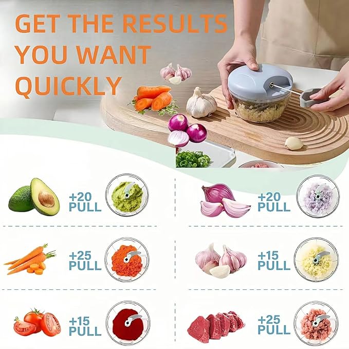 Manual Food Processor Vegetable Chopper, Portable Hand Pull String Garlic Mincer Onion Cutter for Veggies, Suitable for Vegetables, Ginger, Garlic, Fruits, Onion, Potato, Salad (Blue 500 ml)