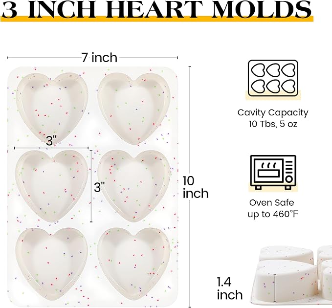 3 Inch Large Heart Shaped Silicone Molds for Chocolate, Candy, Cake, Soap (Set of 2, Cream)