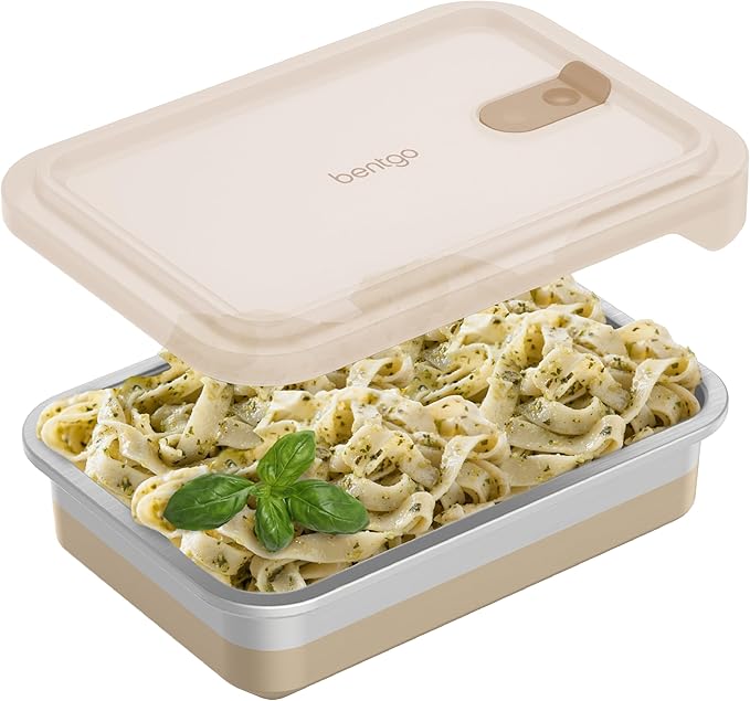 Bentgo MicroSteel Heat & Eat Container – Microwave-Safe, Leak-Proof, Easy-to-Clean, Lightweight Stainless Steel Reusable Food Storage with Airtight Silicone Lid (Dinner Size; 5.5-Cup Capacity; Gold)