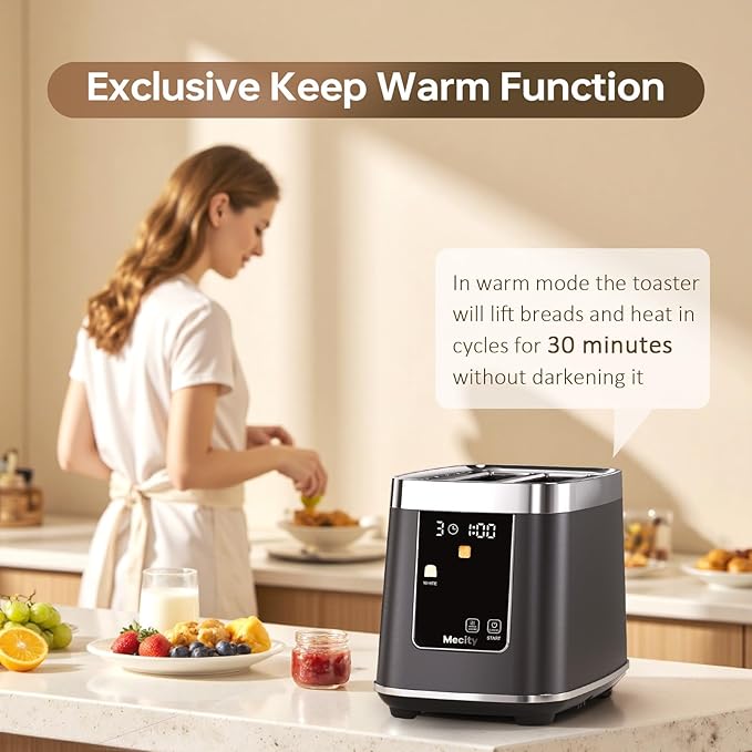 Mecity 2 Slice Toaster with Touch Screen & Auto Lift, Stainless Steel Cool-Touch Toaster with 8 Bread Settings, 5 Shade Levels, 1200W High Power, Keep Warm & Reheat Function, Metallic Grey, 120V