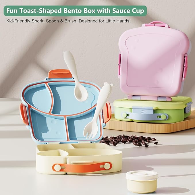 Bento Lunch Box for Kids - Toast-Shaped 4-Compartment Lunchable Food Container with Sauce Cup, Utensils & Brush, BPA-Free, Reusable Snack Container with lid, Ideal for School & Travel - Purple