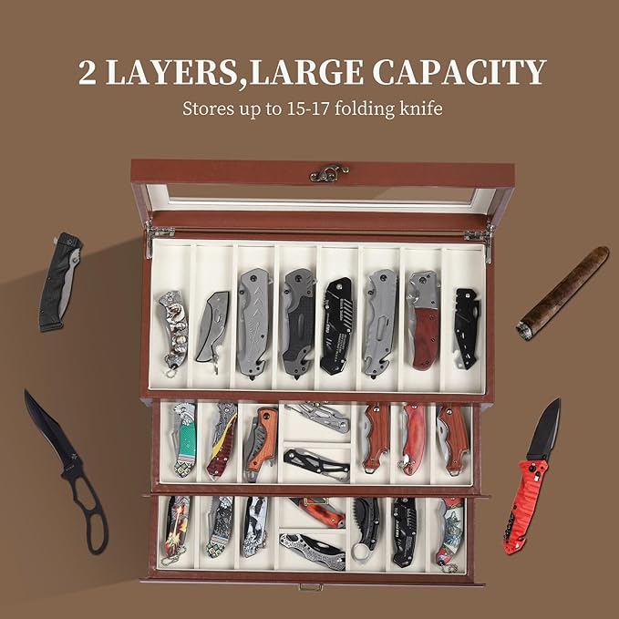 AUTOARK 3-Tier PU Leather & Velvet Knife Organizer with 26 Slots,Transparent Glass Top & Drawer,Compact Storage for Pocket Knives,Ideal for Men's Collections & Gifts,Brown,MKAW018