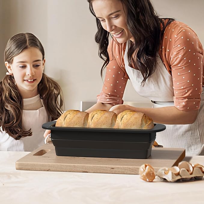 2 Packs of Collapsible Silicone Bread Loaf Pan with Metal Reinforced Rim Support - Nonstick Silicone Baking Mold for Homemade Loaf, Bread and Meatloaf - (9"x4"x2.5", Black, 2 Pieces)