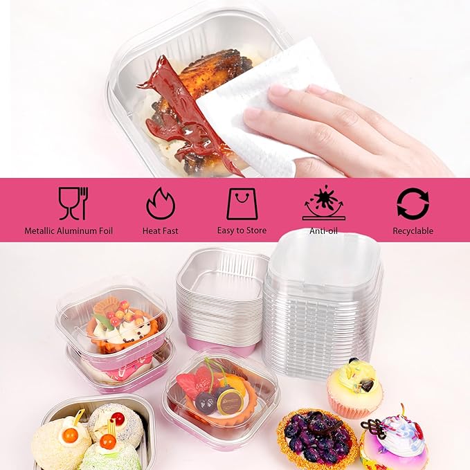 FORBFAN 150 Pcs Square Mini Cake Pans with Lids, 8 oz Individual Mini Loaf Pans, Pink Aluminum Foil Cupcake Baking Cups