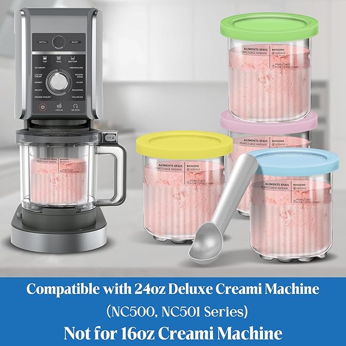 Creami Pints and Lids for Ninja - 4 Pack 24 oz Deluxe 11-in-1 Creamy Icecream Containers Cups Jars Tubs Canisters Set, Smoothie Pot Compatible with NC501 NC500 Series Creamer Ice Cream Maker Machine