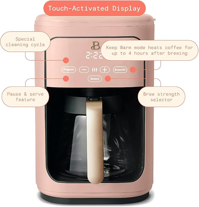 Beautiful by Drew Barrymore 14-Cup Programmable Drip Coffee Maker, Touch-Activated Display, Fast 14-Min Brew, Bold Strength, Keep Warm 4 H, Gold Filter (Rose)