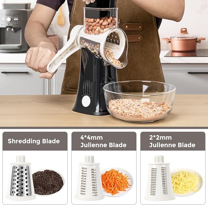 X Home 5-in-1 Rotary Cheese Grater for Kitchen, Upgraded Hand Crank Shredder with Stronger Suction Base & Multifunctional Drum Blades, for Cheese, Vegetables and Nuts, Easy to Use and Clean, Black