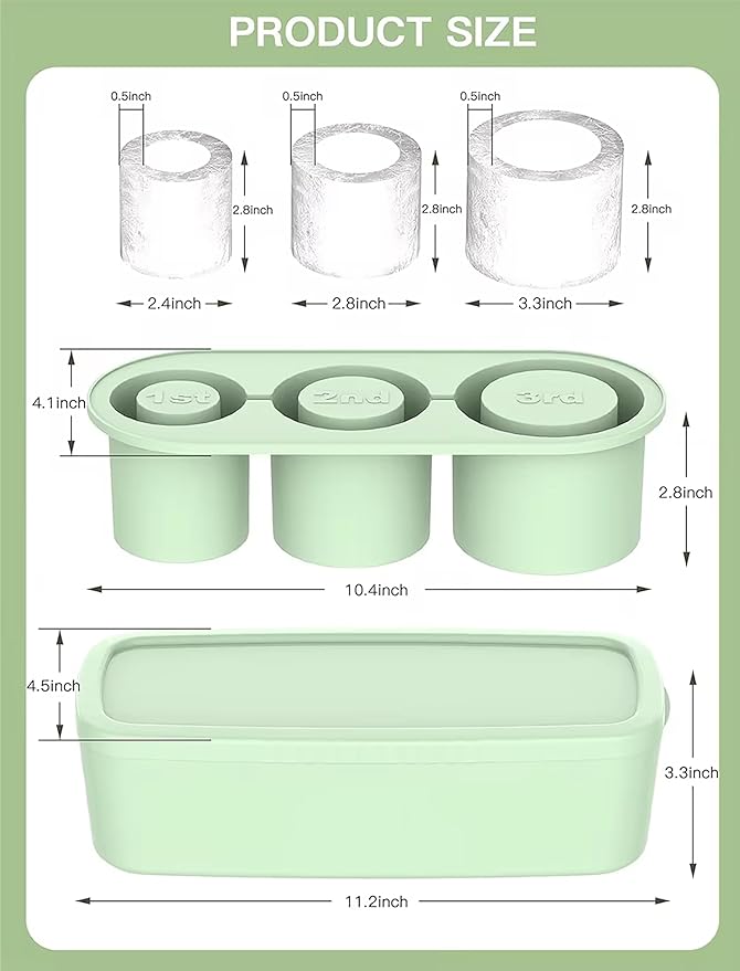 Ice Cube Tray for Stanley Cup, Silicone Ice Mould with Lid & Bin, Long Ice Cubes for 30-40Oz Tumbler, Easy Fill & Release, Perfect for Cocktails, Whiskey, Iced Coffee, Drinks, BPA Free (Green)