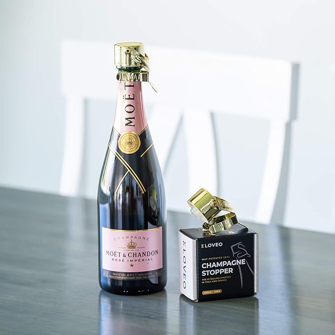 Champagne Stoppers by Kloveo - Patented Seal - Made in Italy - Professional Grade WAF Champagne Bottle Stopper - Prosecco, Cava, and Sparkling Wine Stopper - Gold