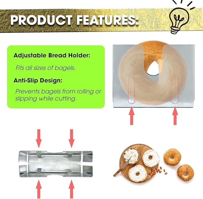 Stainless Steel Bagel Slicer and Cutter, Bagel Holder for Slicing Small and Large Bagels, Bagel Cutter Slicer with Bun Holder and Slicing Guide - Perfect Bagel Slicer for Large Bagels
