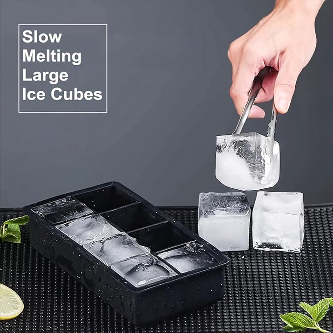 Bangp Large Ice Cube Tray with Bin and Tongs,2 Pack Large Size Silicone Ice Cube Trays for Whiskey, Big Square Ice Cube Molds Making 16 Giant Ice Cubes for Whiskey Cocktails Bourbon