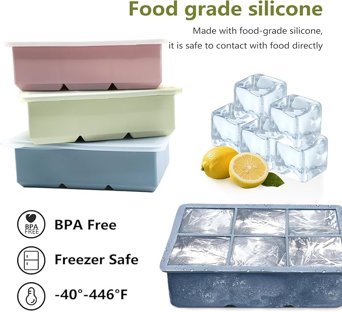 Ice Cube Trays for Freezer 3-Pack - Large Silicone Ice Cube Molds with Stainless Steel Ice Cube Holder Huge Square Ice Trays for Cocktails, Whiskey, and Brandy