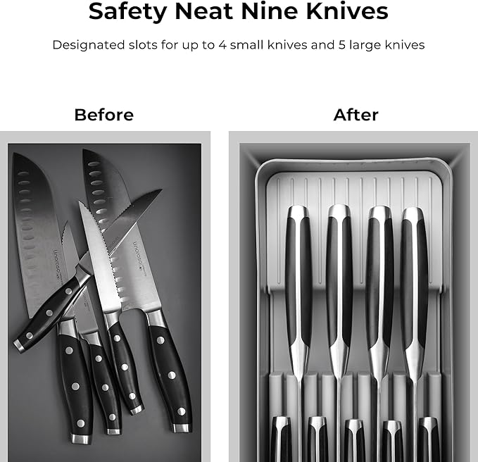 Linoroso Knife Drawer Organizer With In-Drawer Knife Block for 9 Knives, Kitchen Utensil Organizer, BPA Free Secure Storage Tray for Countertop Organization