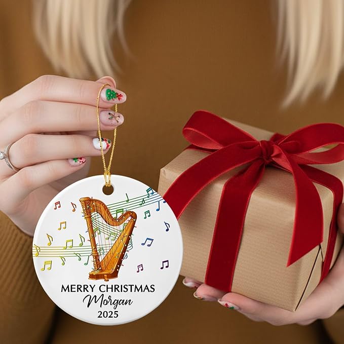 Customized Year Text Name Harp Player Christmas Ornament, Unique Harp Instrument Ornaments Gift for Women Men Harpist Appreciation Birthday, Personalized Harp Musical Ceramic Christmas Ornament 2025