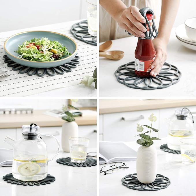 Set of 3 Silicone Trivet Mat - Hot Pot Holder Hot Pads for Table & Countertop - Trivet for Hot Dishes - Non-Slip & Heat Resistant Modern Kitchen Hot Pads for Pots & Pans, Black