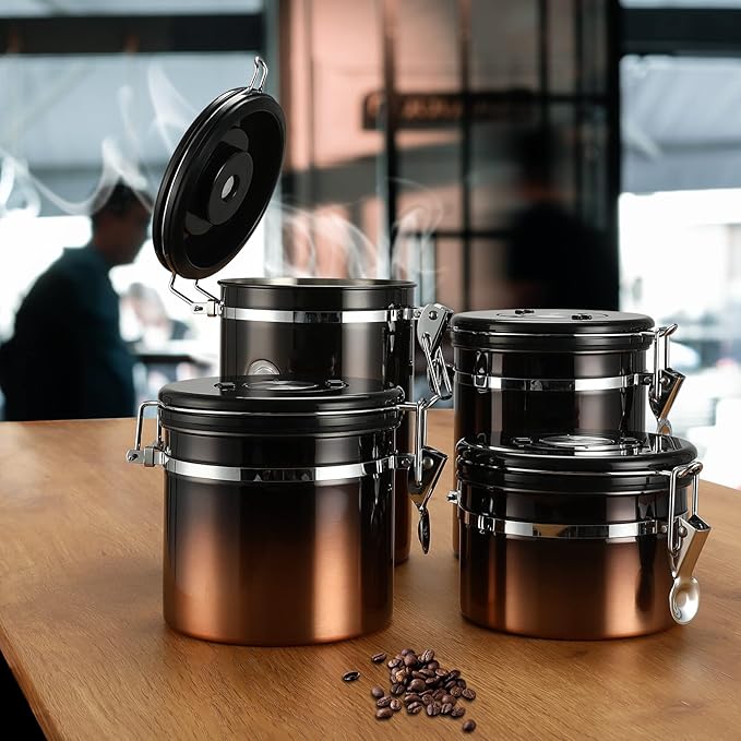Coffee Canister, Airtight Coffee Container with Date Tracker Lid, Stainless Steel Canister for Kitchen Food Storage (Black-Copper, 12oz)