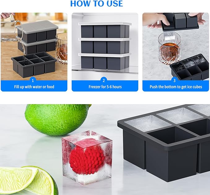 Large Ice Cube Tray for Whiskey, HANCELANT Big Silicone Square Ice Cube Mold with Removable Lid, 2'' Huge Square Ice Cubed Tray for Whisky and Cocktail