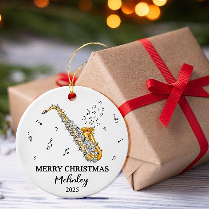 Customized Year Text Name Alto Saxophone Player Ceramic Ornament, Personalized Alto Saxophone Instrument Xmas Ornaments Gift for Women Men Friends Husband Wife, Unique Musical Lover Ceramic Ornament
