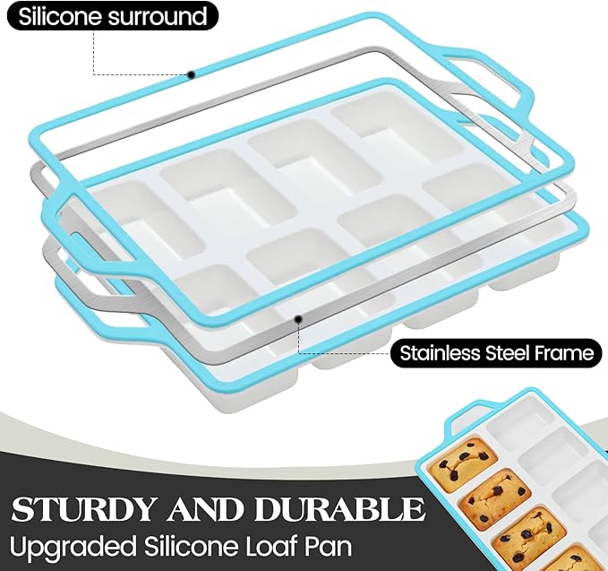 Vinino Silicone Mini Loaf Pans with Metal Reinforced Frame-2 Pack, Non-stick Silicone Bread Pan for Baking 8-Cavity, Tiny Banana Bread Set, Dishwasher Safe Brownie Pan-Blue